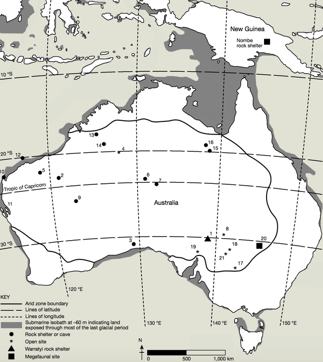 Pleistocene-age archaeological and megafaunal sites in Australia. Image: Hamm et al. 2016